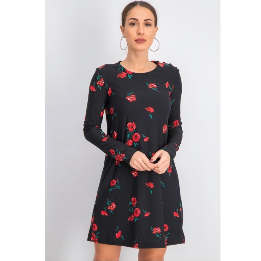Mango Vera Black & Red Floral Mini Long Sleeve Dress size 4